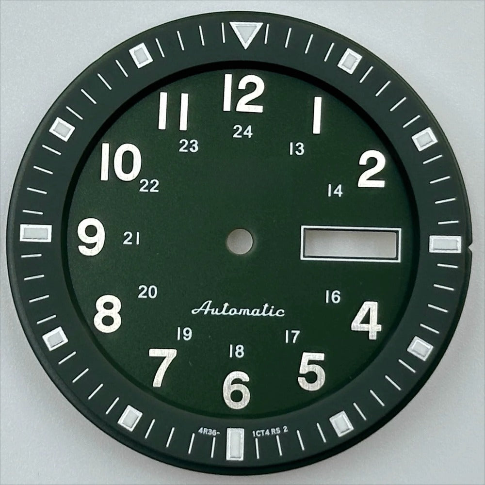 Green 35.5mm vintage Datejust dial with luminous markers for NH36, enhancing watch readability - Brand included.