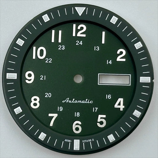 Green 35.5mm vintage Datejust dial with luminous markers for NH36, enhancing watch readability - Brand included.