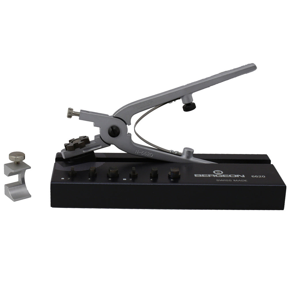 Bergeon 6620 Swiss notching pliers set for precise watch band adjustments and repairs.