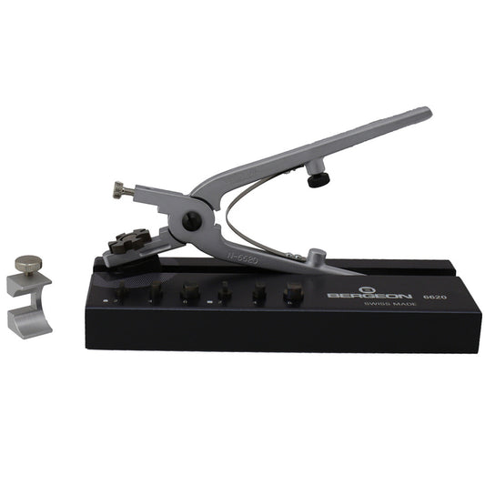 Bergeon 6620 Swiss notching pliers set for precise watch band adjustments and repairs.