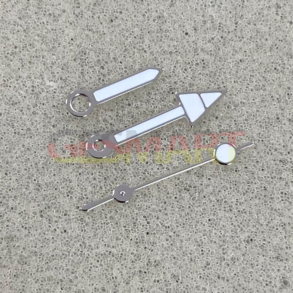 Arrow-shaped silver trim watch hands with green luminous fill, compatible with NH35/NH36/4R/7S movements, TimelyCraft brand.