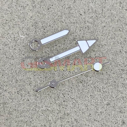 Arrow-shaped silver trim watch hands with green luminous fill, compatible with NH35/NH36/4R/7S movements, TimelyCraft brand.