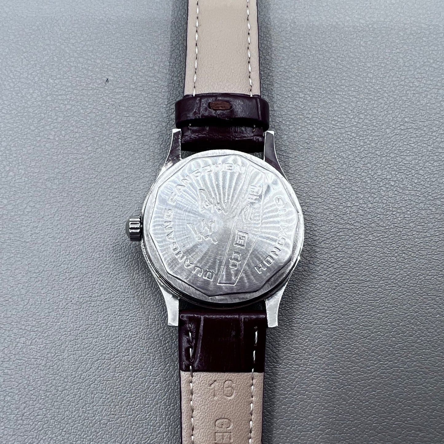 33mm Dark Brown Strap Manual Mechanical Watch Golden Nail Silver Dial Round Golden Case
