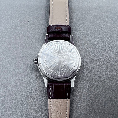 33mm Dark Brown Strap Manual Mechanical Watch Golden Nail Silver Dial Round Golden Case