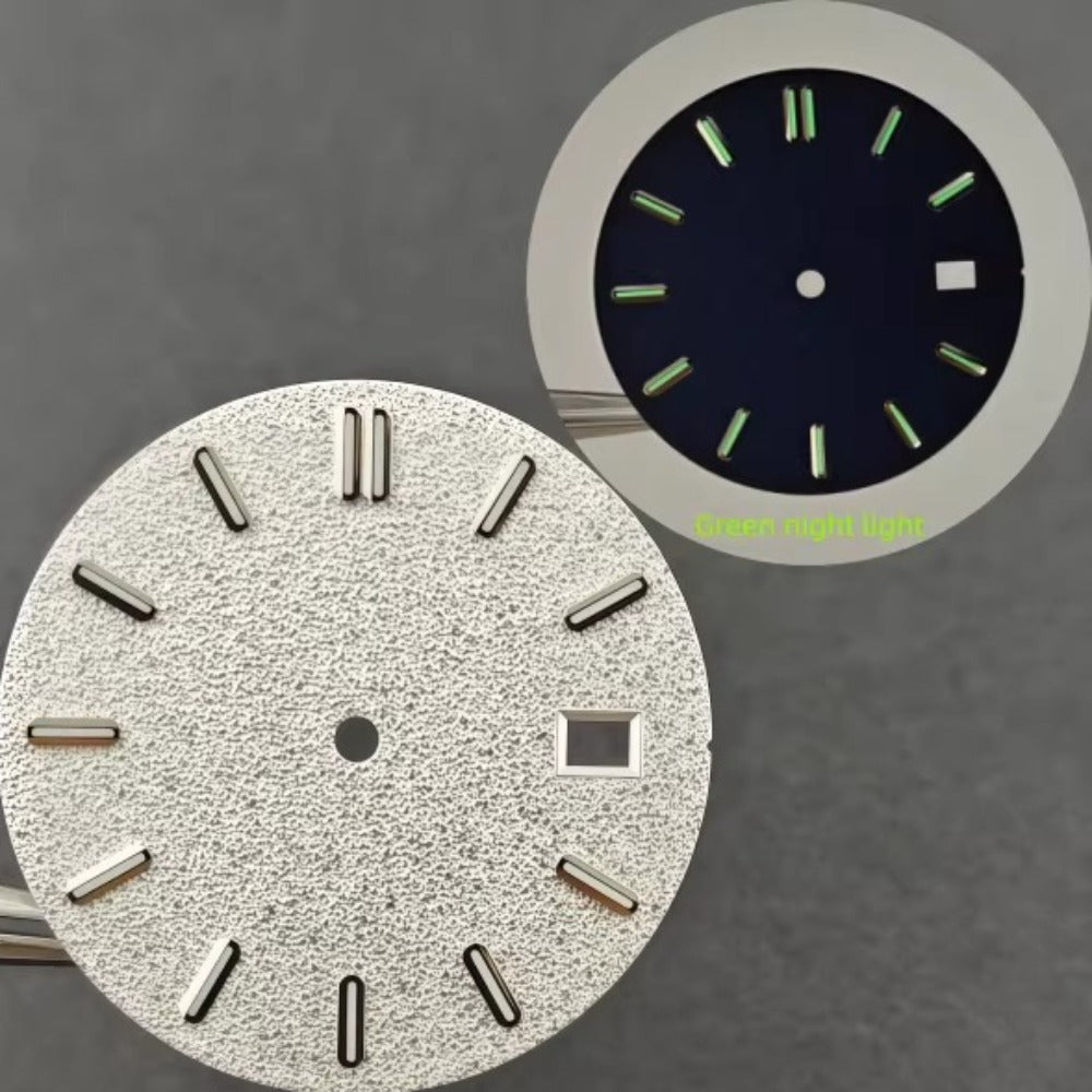 31mm silver matted watch dial with modified green lume, compatible with NH35 movement, stylish upgrade.