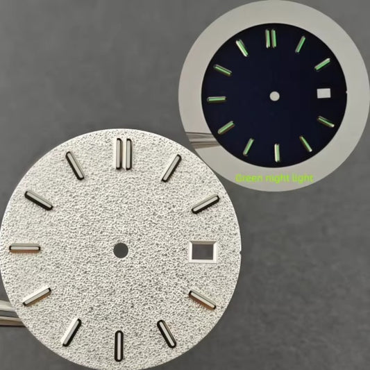 31mm silver matted watch dial with modified green lume, compatible with NH35 movement, stylish upgrade.