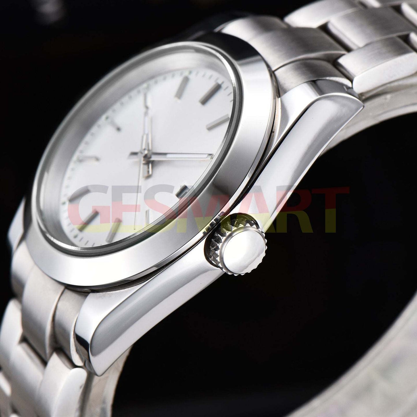 316L stainless steel 40mm men's wristwatch with sapphire glass, waterproof design, white dial, and silver nail markers.