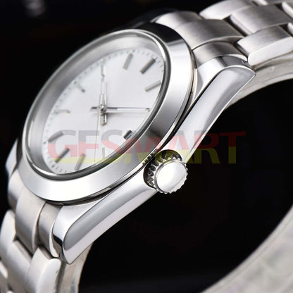 316L stainless steel 40mm men's wristwatch with sapphire glass, waterproof design, white dial, and silver nail markers.