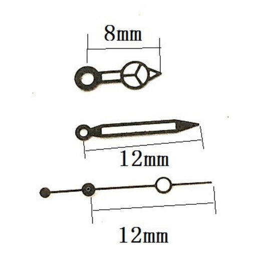 Aiguilles de montre luminescentes noires 12 x 12 x 8 mm pour mouvement mécanique automatique Seagull ST6