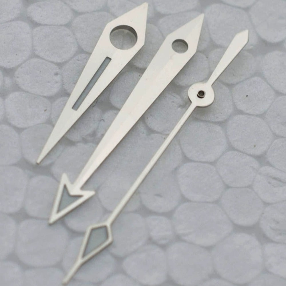 Modified silver lume watch hands for ETA2836, 2824, 2892A2 movements, precise fit and luminous tips.