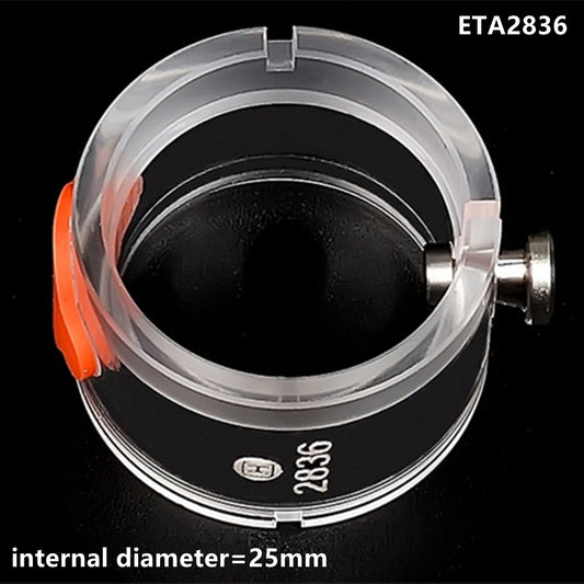 Plastic movement holder with knob for ETA2836 watch repair, secure grip.