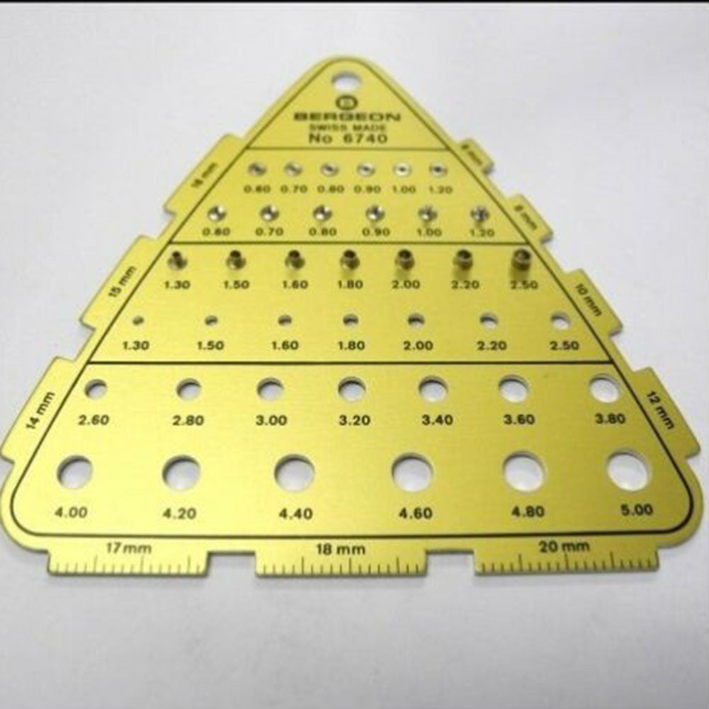 Bergeon 6740 watch crown gauge measuring thread size and diameter for accurate watch accessory fitting.