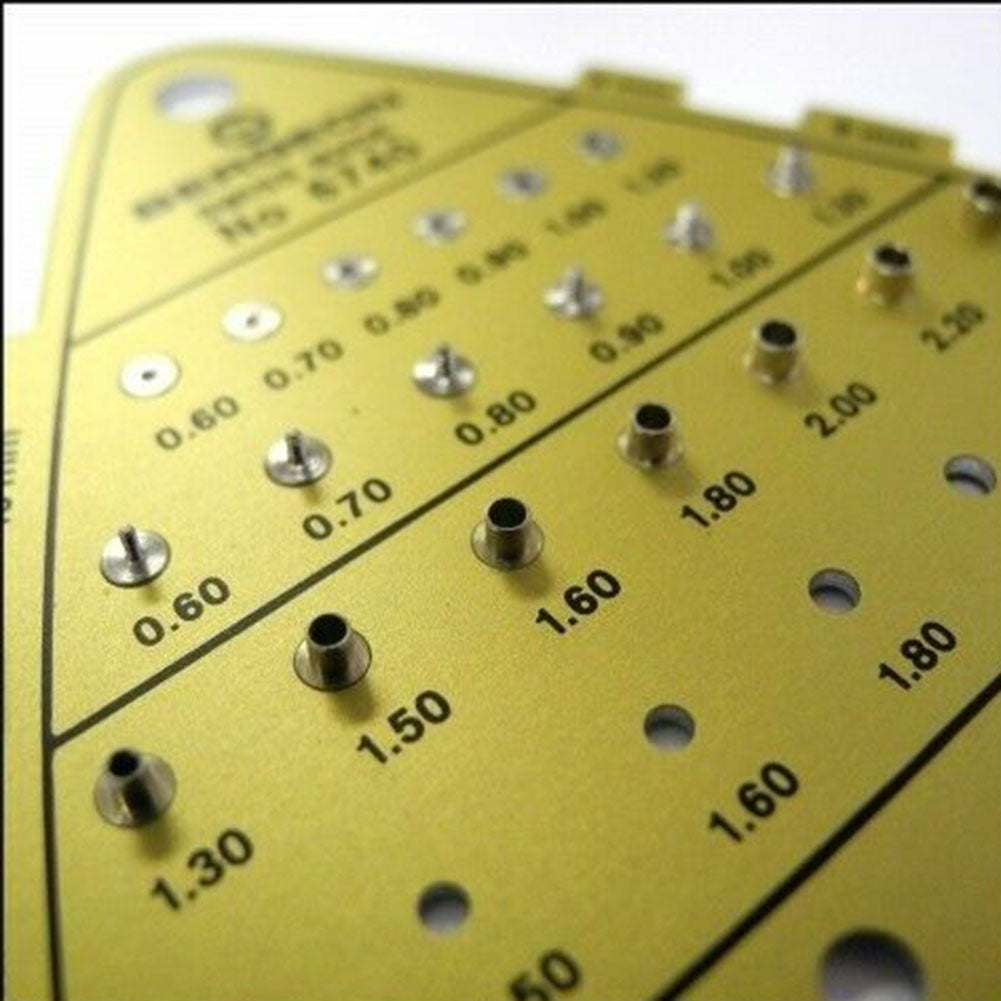 Bergeon 6740 watch crown gauge measuring thread size and diameter for precise watch accessory fitting.