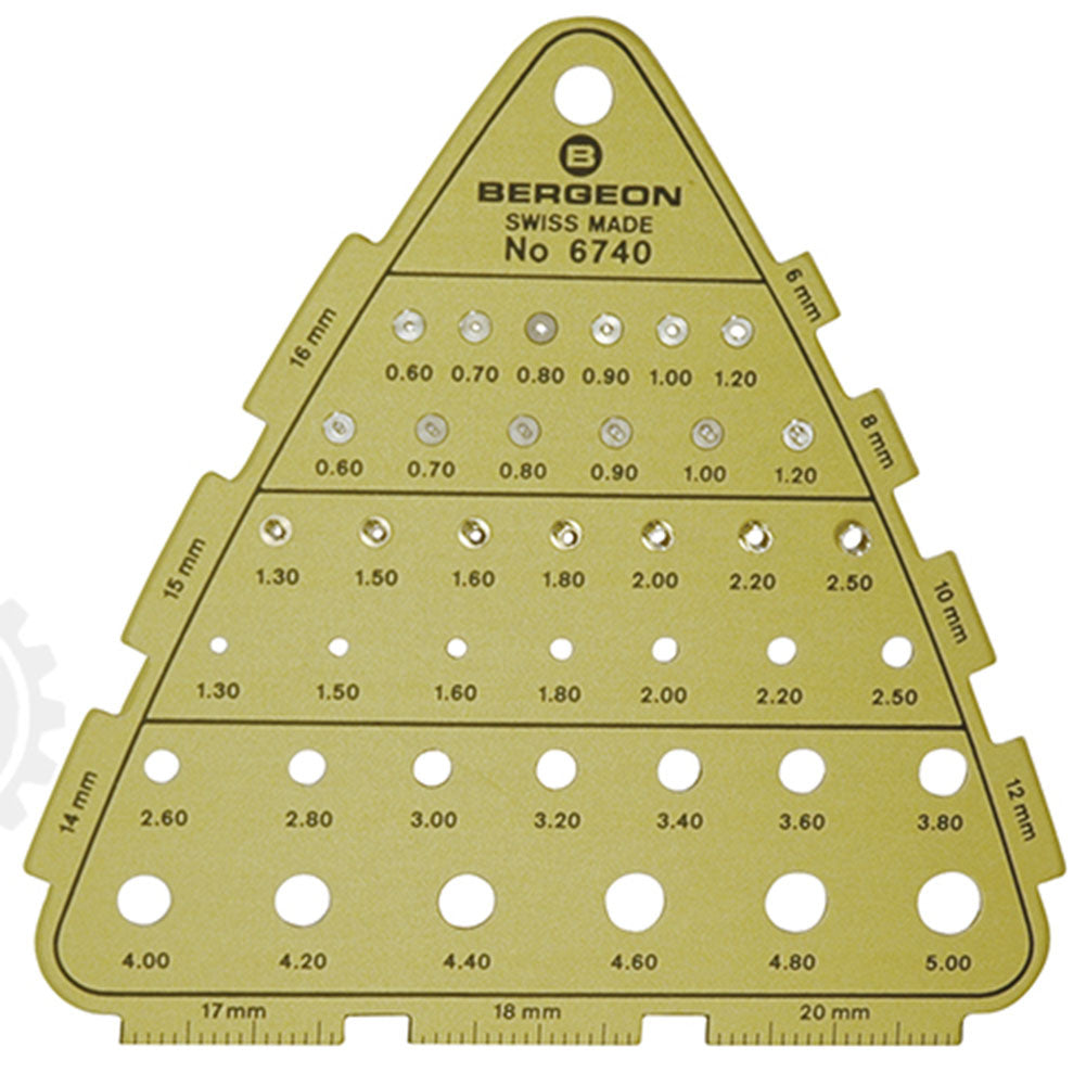 Bergeon 6740 watch crown gauge measuring thread size and diameter for precise watch accessory fitting.