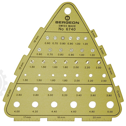 Bergeon 6740 watch crown gauge measuring thread size and diameter for precise watch accessory fitting.