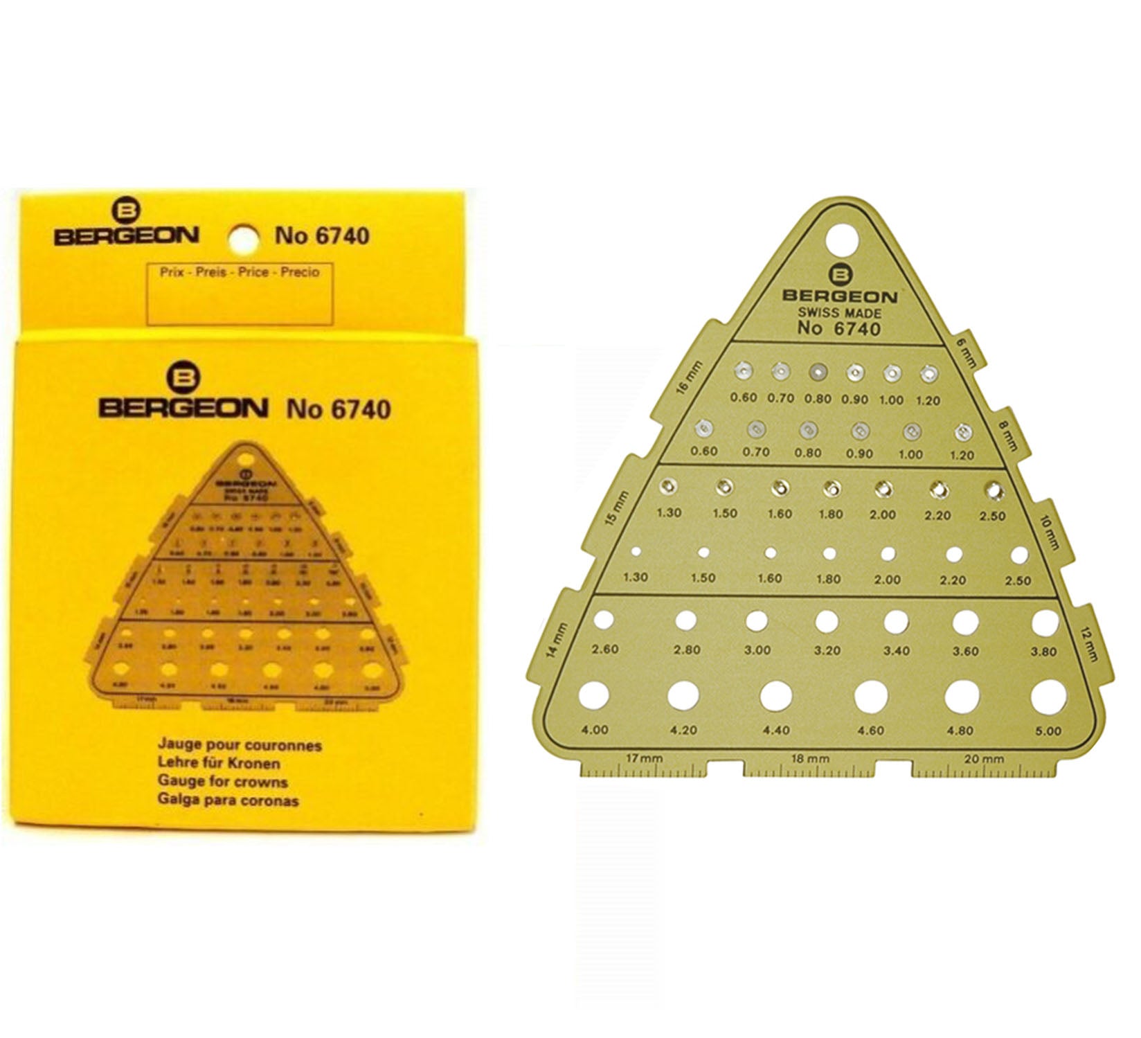 Bergeon 6740 watch crown gauge for precise measurement of thread size and diameter in watch accessories.