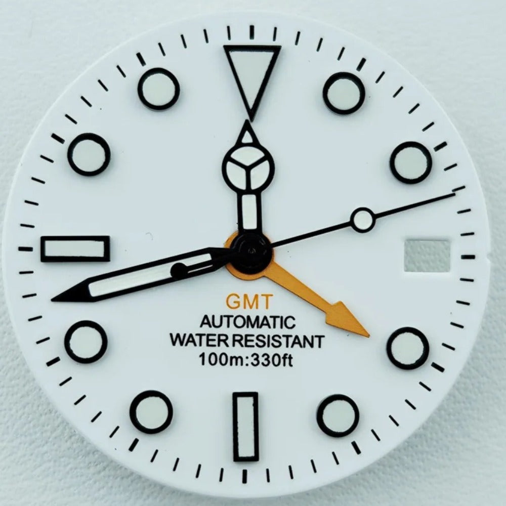 White GMT 28.5mm Black+Orange Trim Watch Dial with Hands Fit for NH34 Movement