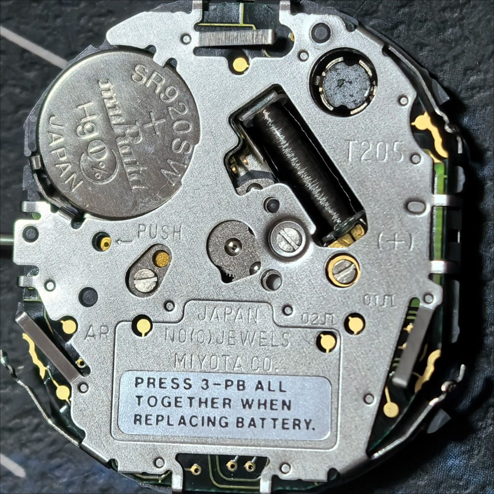 Miyota T205 quartz watch movement with three hands, original Japan-made part for watch repair and assembly.