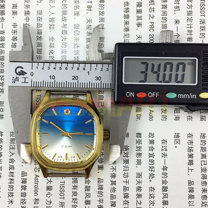 Shanghai 33mm manual mechanical watch with blue dial, square case, golden nail markers, 17 jewels for classic style.