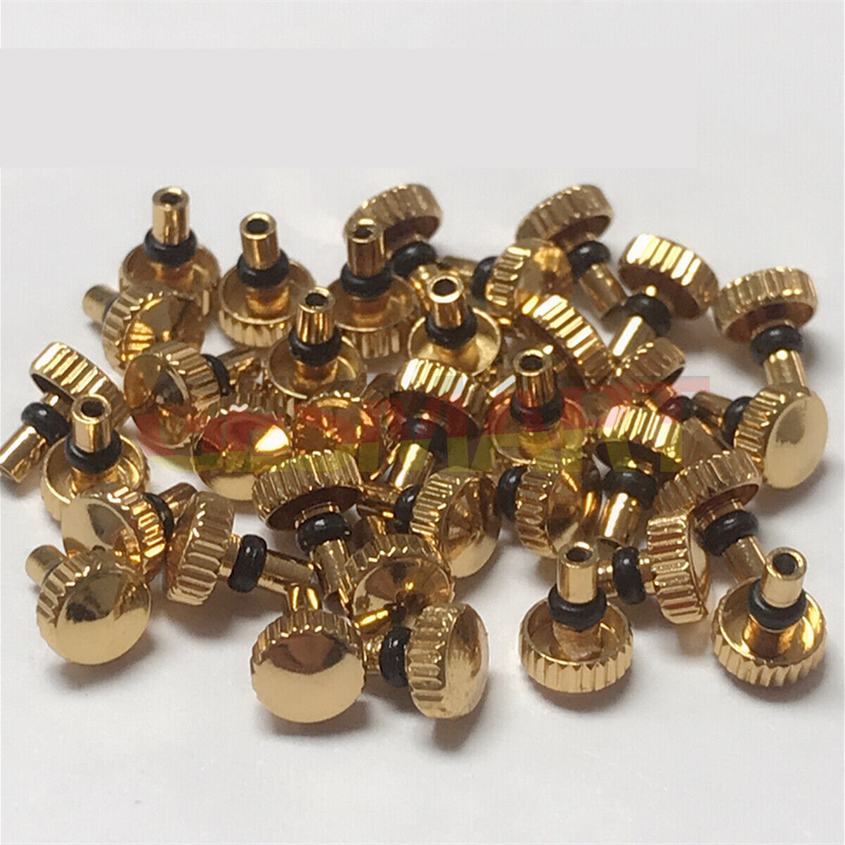 Golden watch crowns for Orient watch movement, durable repair parts enhancing functionality and style.