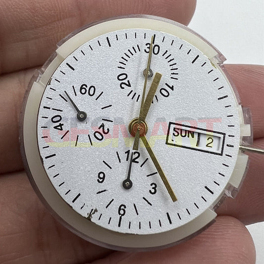 Asian 7750 automatic chronograph movement with day-date display at 3 o?clock, reliable ETA 7750 design.