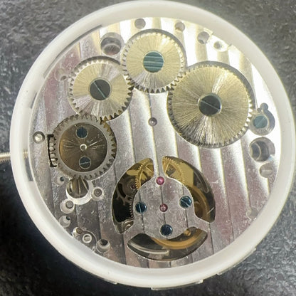 Dandong 9001 hand winding mechanical watch with visible flywheel and two hands, premium craftsmanship.