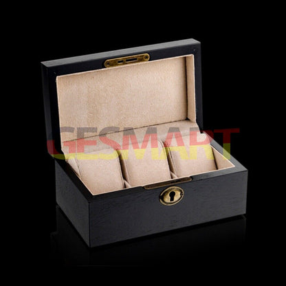 Black wooden watch box organizer, featuring 3 slots for stylish watch storage and display.