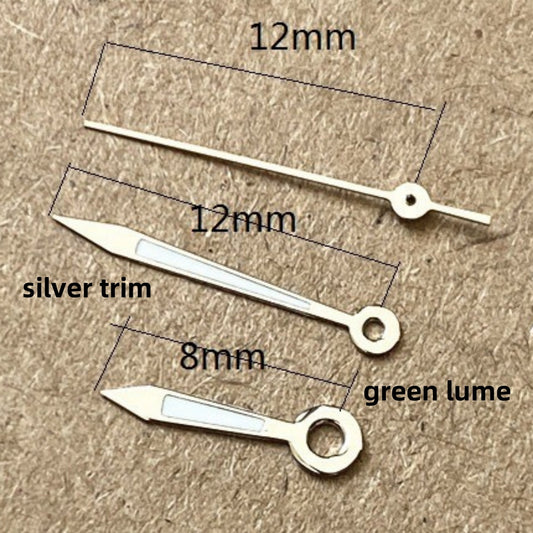 Green lume watch hands set with silver trim, compatible with Ronda 515 quartz movement, for precise timekeeping.