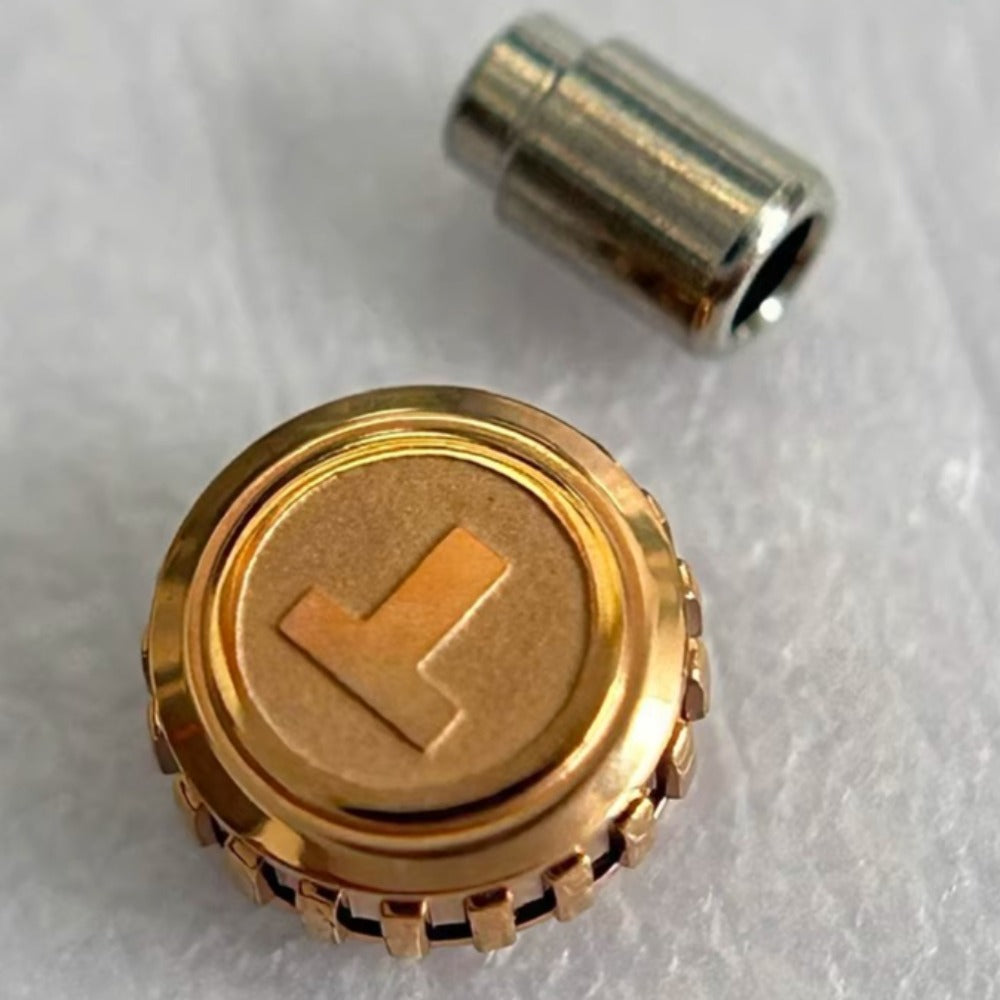 Steel rose gold watch crown for Tissot T086, durable replacement part enhancing repair quality.