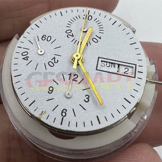 Asian 7750 automatic chronograph movement with day-date display at 3 o?clock, reliable ETA 7750 design.