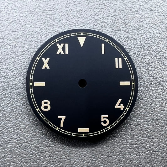 28.5mm green lume watch dial with vintage orange font, compatible with NH35/36/2824/8215 movements.