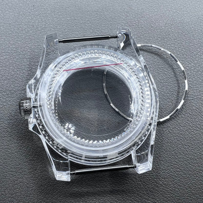 40MM green luminous plastic watch case with acrylic mirror for 8215 8200 821A 2813 movements, durable and lightweight.