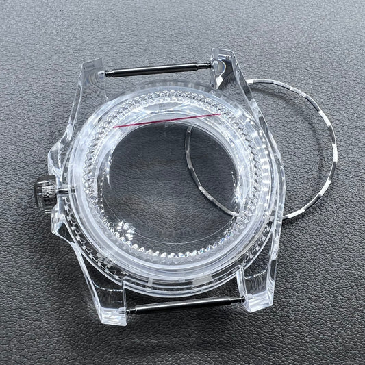 40MM green luminous plastic watch case with acrylic mirror for 8215 8200 821A 2813 movements, durable and lightweight.
