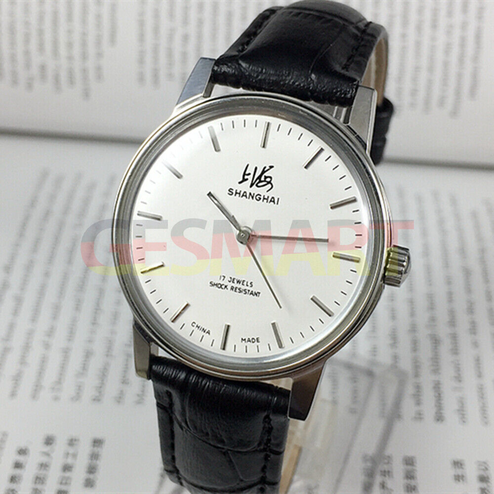 Shanghai brand 36mm manual mechanical watch 8120 with white dial and 17 jewels, showcasing classic Chinese craftsmanship.