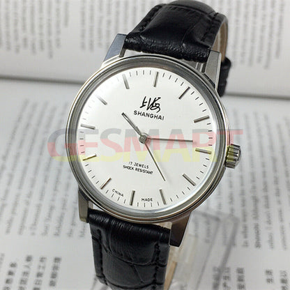 Shanghai brand 36mm manual mechanical watch 8120 with white dial and 17 jewels, showcasing classic Chinese craftsmanship.
