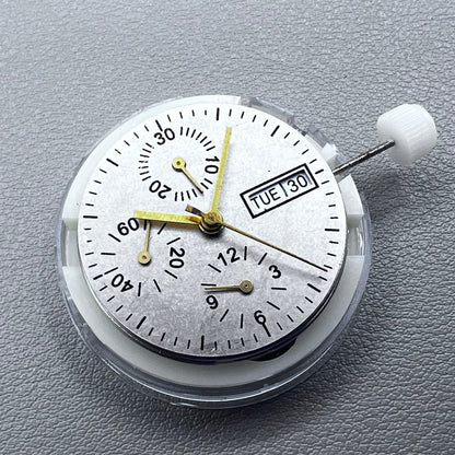 Close-up of Chinese 7750 automatic chronograph movement with day date at 3, ETA 7750 style mechanism