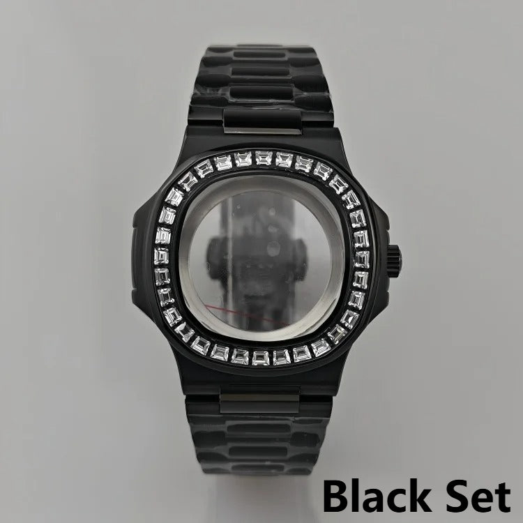 [Watch Cases] - 41mm Watch Case + Watch Strap Set Inlaid Diamond Bezel Case  PVD Plated Rose Gold Watch Accessories Suitable for NH35 Movement