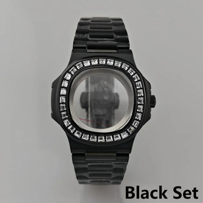[Watch Cases] - 41mm Watch Case + Watch Strap Set Inlaid Diamond Bezel Case  PVD Plated Rose Gold Watch Accessories Suitable for NH35 Movement