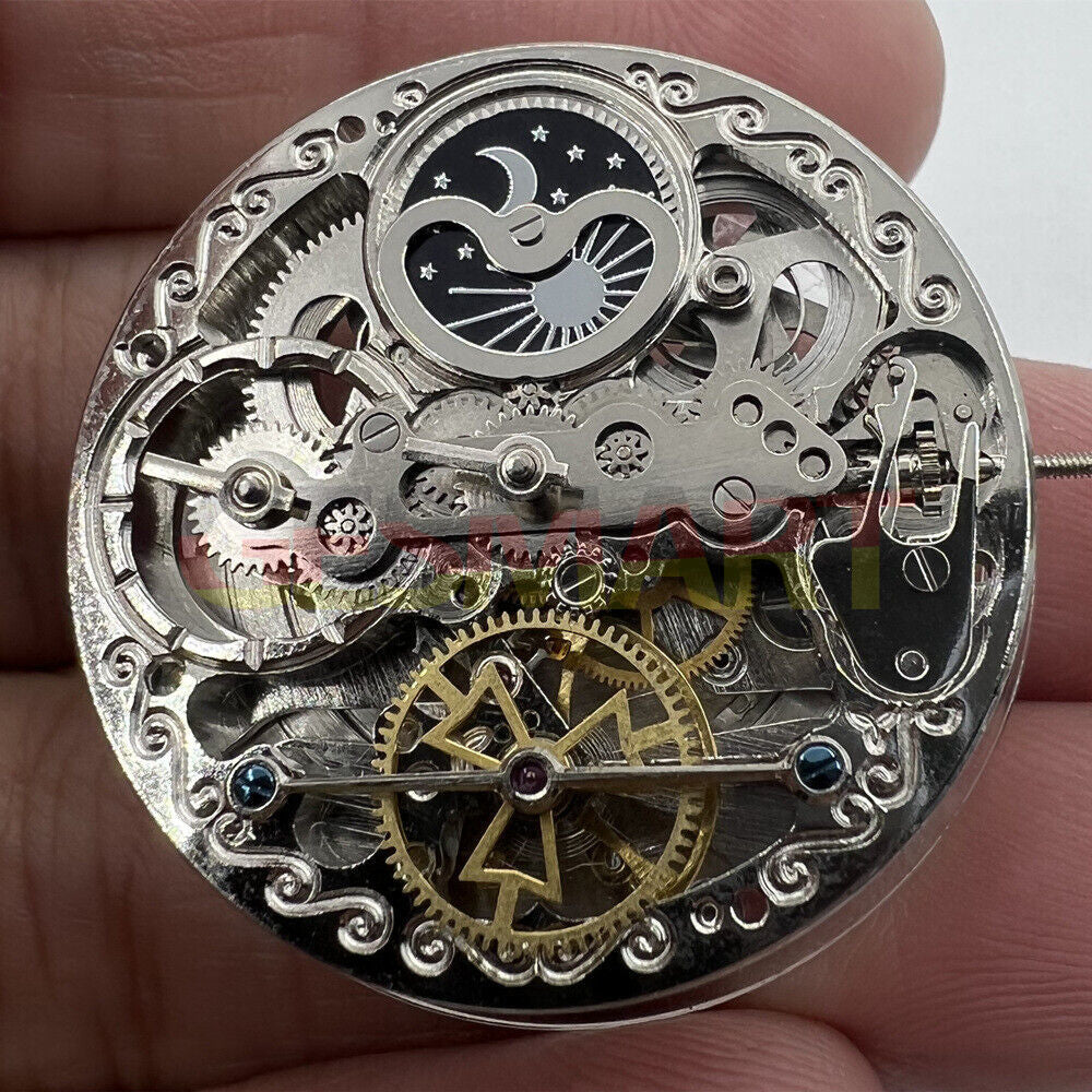 Double Mainspring hollow mechanical watch movement showcasing dual time zones by Double Mainspring brand.