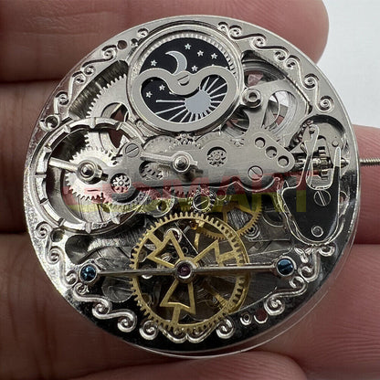Double Mainspring hollow mechanical watch movement showcasing dual time zones by Double Mainspring brand.