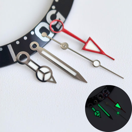 Green lume red GMT watch hands with silver trim, compatible with NH34 movement, precision crafted.