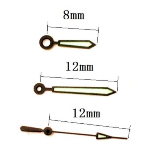 Aiguilles de montre luminescentes noires 12 x 12 x 8 mm pour mouvement à quartz Miyota 2035