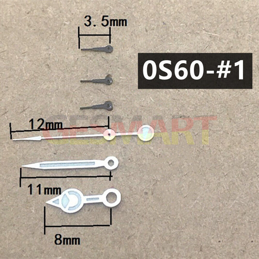 Black 12mm watch hands with silver trim and green luminous detail for Miyota 0S60.