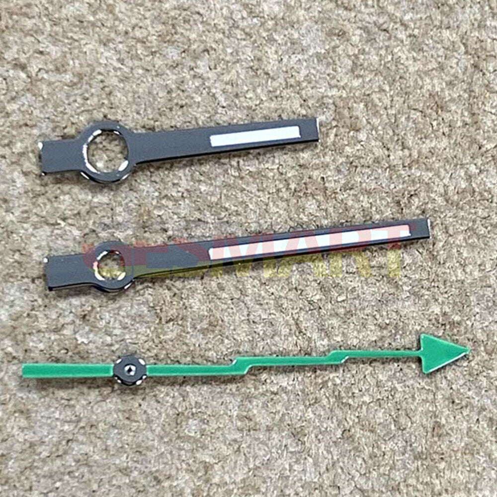 Green lume silver trim watch hands for Miyota 8215/821A and Mingzhu 2813/3804 movements, precision fit.