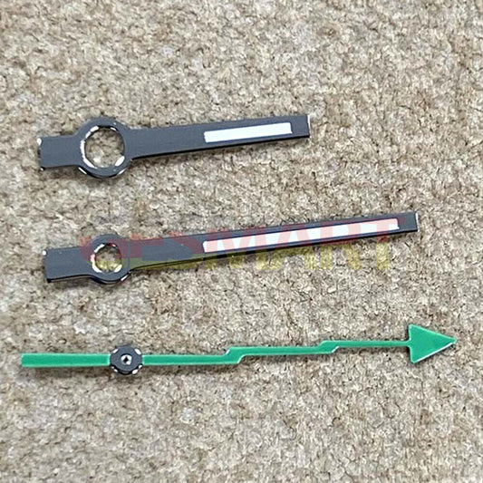 Green lume silver trim watch hands for Miyota 8215/821A and Mingzhu 2813/3804 movements, precision fit.