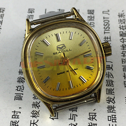 Seagull 27mm square case ladies watch with orange-yellow background, manual mechanical movement.