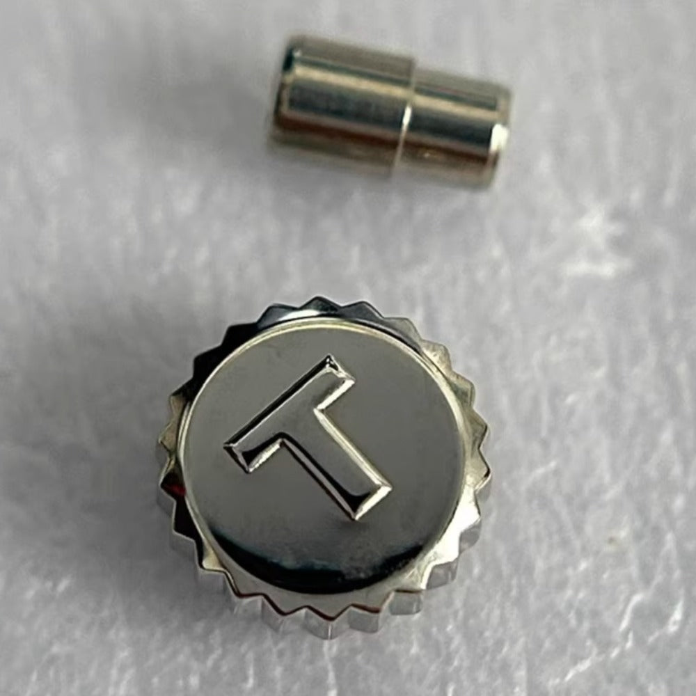 Steel silver watch crown for Tissot T059427, durable replacement part for precise watch repair.