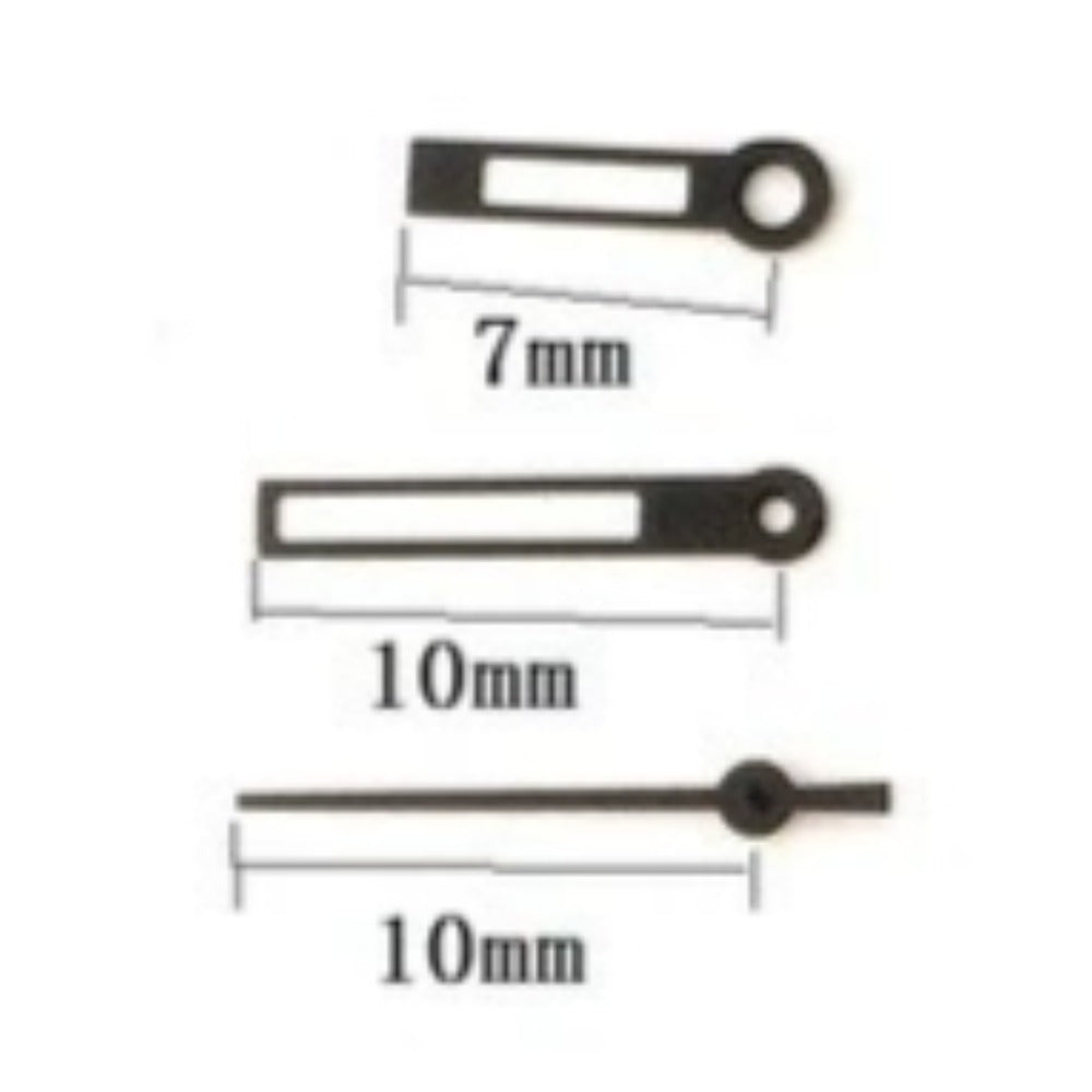 Hollow black trim watch hands 10x10x7mm for Miyota 2035 quartz movement, precise timing accessory.