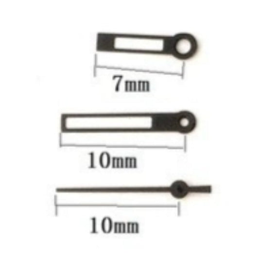 Hollow black trim watch hands 10x10x7mm for Miyota 2035 quartz movement, precise timing accessory.