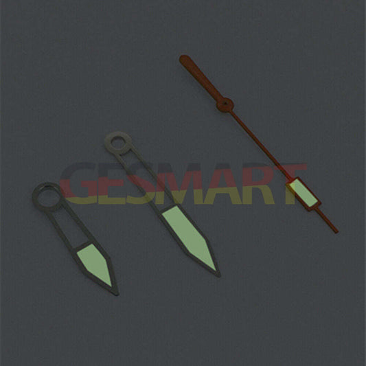 Green luminous watch hands with silver trim and orange second hand, designed for Asian 8215/2813 movements.